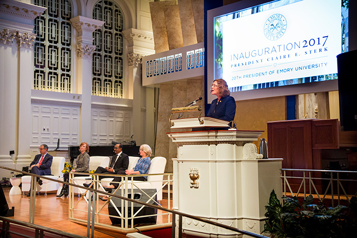 Emory President Claire E. Sterk welcomed speakers and attendees to Tuesday's Inauguration Academic Symposium, "Health Challenges and Bold Opportunities."